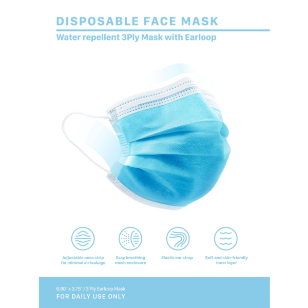 Ma Croix 3 Ply Disposable Face Masks for Summer, Blue Mask with Earloop in Box - Image 2